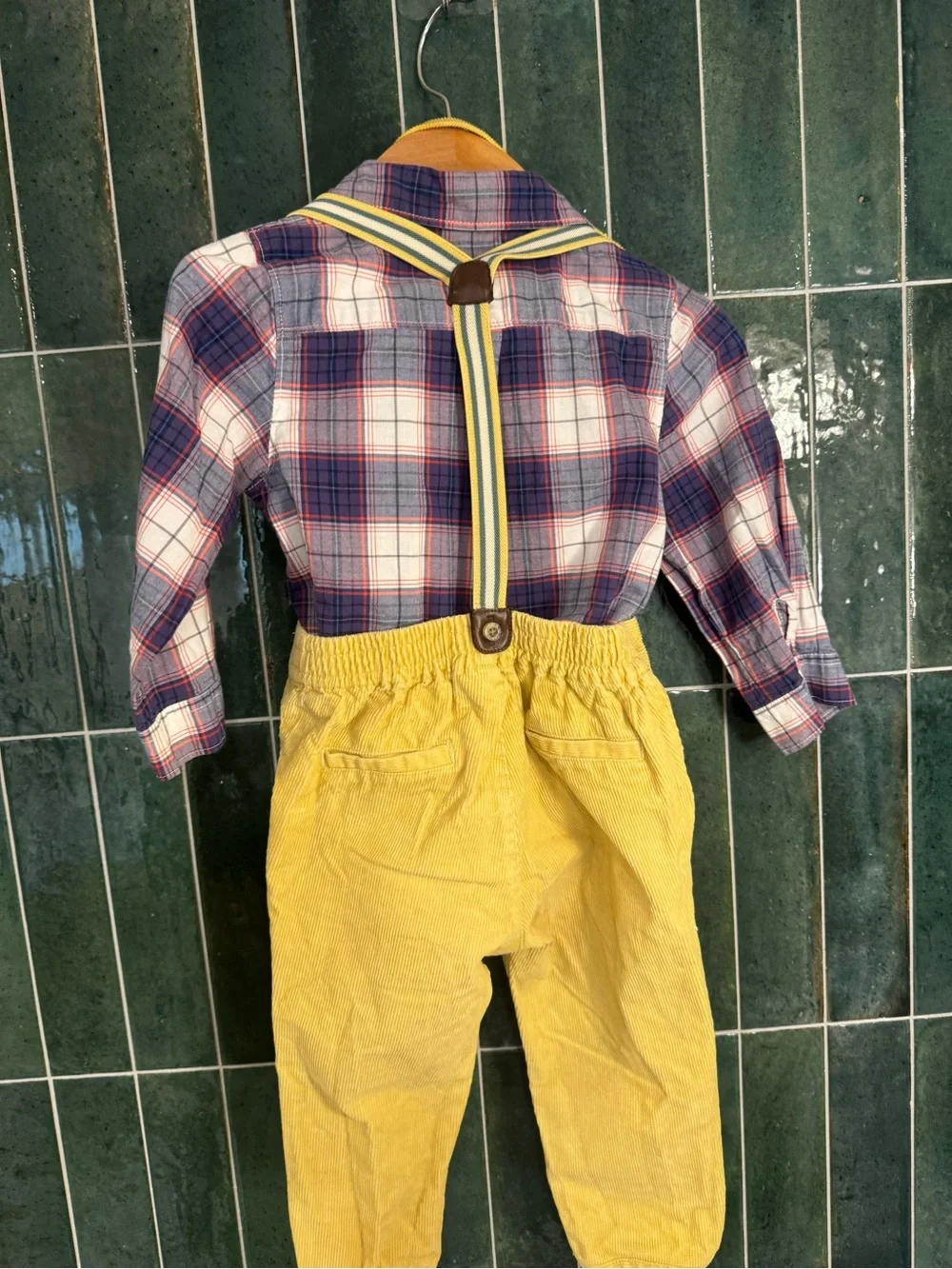 Janie and Jack Yellow Corduroy Overalls Set with Striped Suspenders and Cap